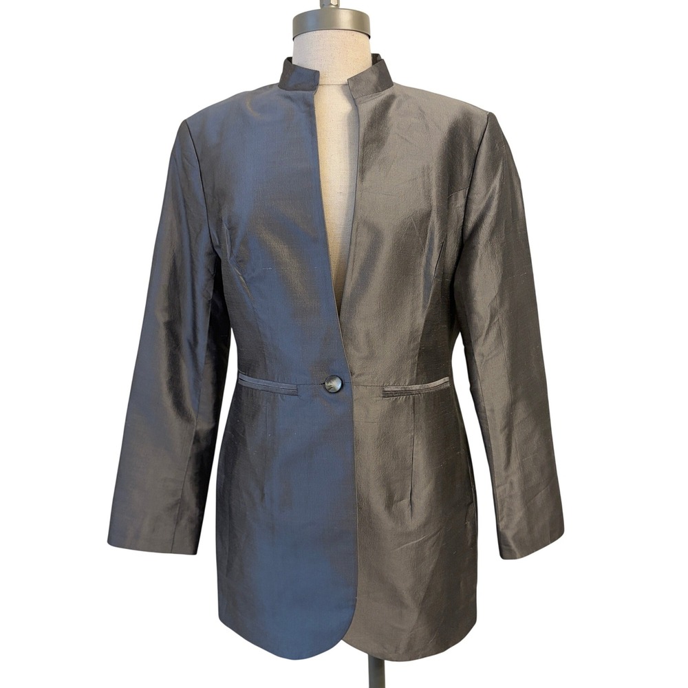 J Peterman Silk Blazer Women 8 Petite Formal One Button Mandarin Collar Metallic